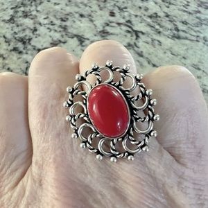Red Coral Size 7, silver ring